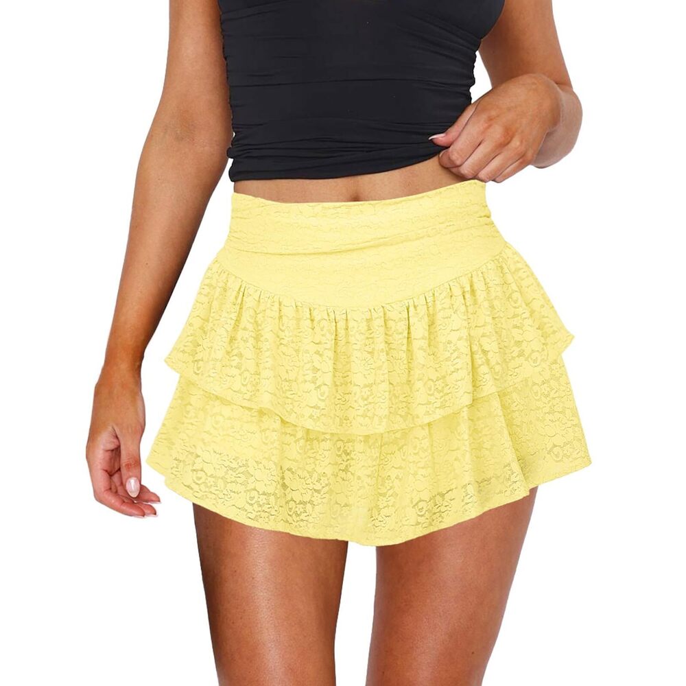 2673 Cute Ruffle Mini Skirt Y2K Party Club Short Skirts Sexy Yellow Lace